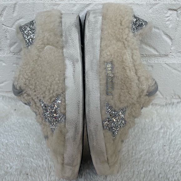 New Golden Goode Super-Star Beige Shearling Silver Glitter Star Sneakers Size 37 - Picture 5 of 12